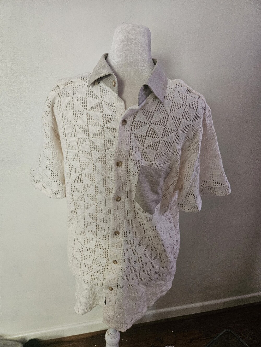 Men's Cream Crochted Short Sleeve Button-Up Shirt Eight X Preium Xl
